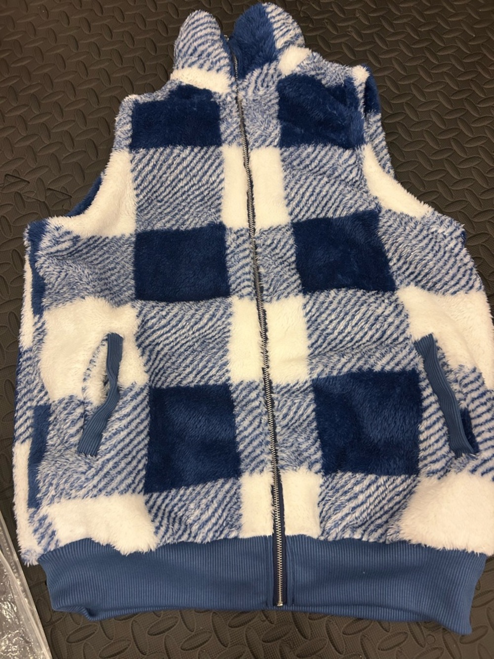 Blue and White Plush Checkered Zip-Up Vest